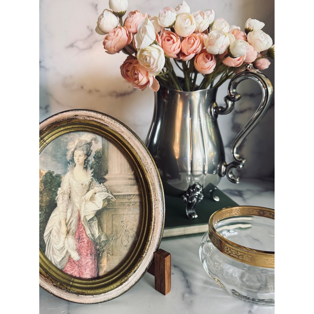 Vintage Oval Portrait 7" Noblewoman Gold Pink Distressed Frame Wall Art